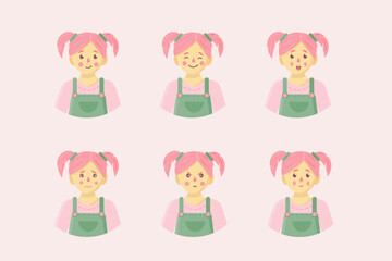 Cute kid, baby, child, girl with pink hair, with ponytails and overalls, green clothes, vector illustration, emotions: sadness, joy, laughter, anger, surprise, embarrassment