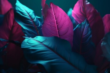 jungle neon leaf purple background glowing tropical night art plant exotic. Generative AI.