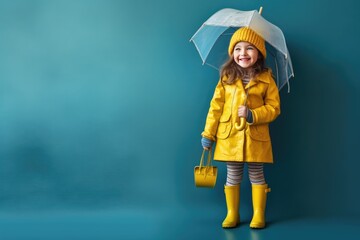Studio portrait of cute little girl in yellow raincoat holding an umbrella on blue background - obrazy, fototapety, plakaty