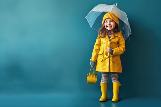 Studio portrait of cute little girl in yellow raincoat holding an umbrella on blue background