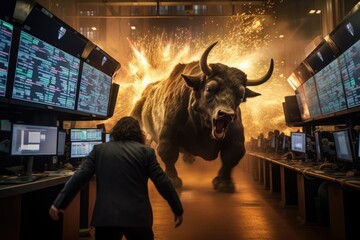 a bull in Wall Street Trading Room, Bullish market represent an uptrend in stock market