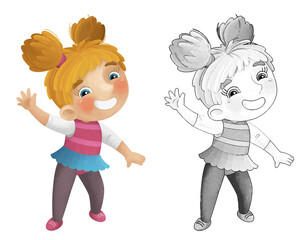 cartoon scene with young girl having fun playing dancing ballet leisure free time isolated illustration for children sketch