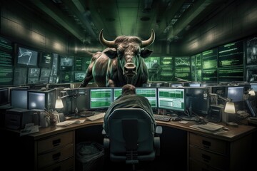 a bull in Wall Street Trading Room, Bullish market represent an uptrend in stock market