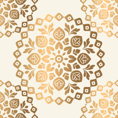 Beige and gold seamless pattern with mandala ornament. Traditional Arabic, Indian motifs. Great for fabric and textile, wallpaper, packaging or any desired idea.