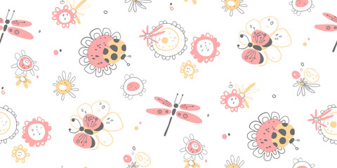 Simple Seamless Vector Pattern for Girls with Flowers, Ladybugs, Butterflies, and Dragonflies.
