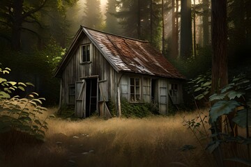 Fototapeta na wymiar A photograph of an abandoned house nestled in the heart of a forest. Generative AI
