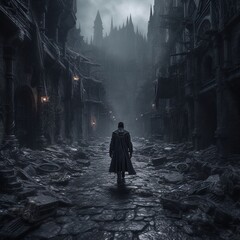 A man in a black raincoat in the ruins of a gloomy Gothic city. High quality illustration Generative AI