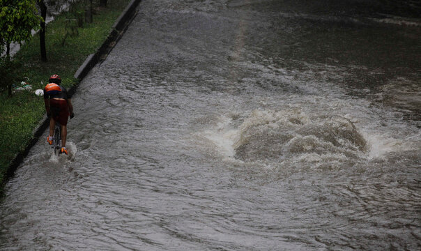 A flooded avenue is seen during heavy rains in downtown Sao Paulo, Brazil.