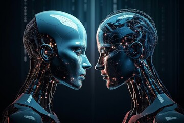 Portrait of two male robot face, Artificial intelligence concept. Generative AI
