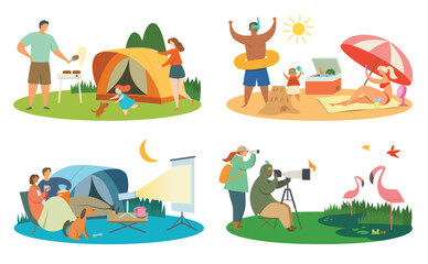 Naklejka premium Vector illustration of different ways to spend a vacation in the outdoors