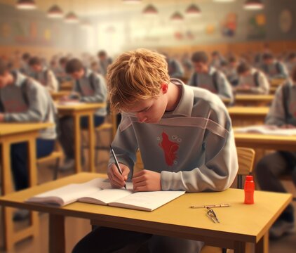 A boy is writing in a classroom in sweatshirt