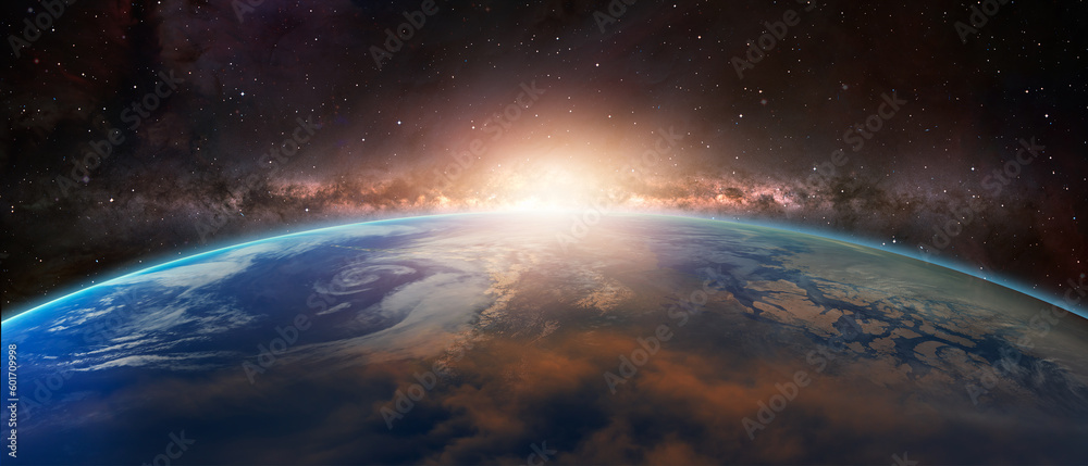 Poster view of the planet earth from space during a sunrise against milkyway galaxy 