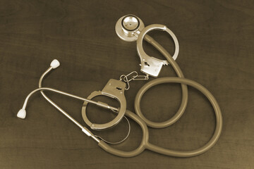 Malpractice and crimes in medicine concept. Handcuffs with stethoscope, top view.