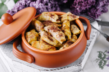 Trendy breakfast with mini pancakes close up