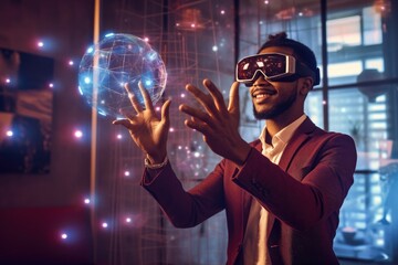 Futuristic vision of using VR AR immersive technology in business, handsome businessman using VR AR equipment, created with Generative AI
 - obrazy, fototapety, plakaty