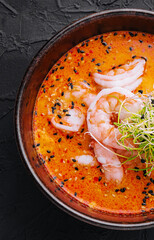 Tom yum soup with shrimp top view