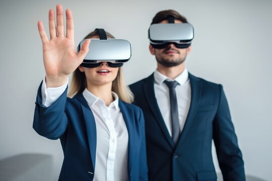Futuristic vision of using VR AR immersive technology in business, attractive businesswoman and businessman using VR AR equipment, created with Generative AI
