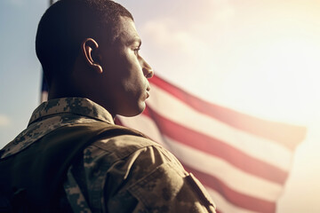 American soldier portrait, us flag background. Generative AI