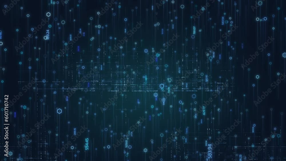 Poster data technology background, code hexagon digital grid line rise up, dark blue, big data concept