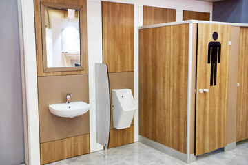 Public toilet cubicle and wash basins