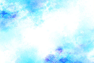 水彩風　水色　和風柄
