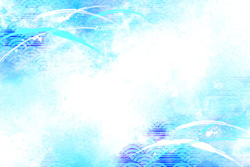 水彩風　水色　和風柄
