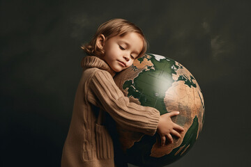 Naklejka premium A young child hugging a planet earth model. Protecting environment. Generative ai
