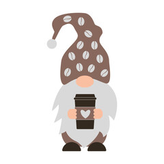 Obraz na płótnie Canvas Coffee gnome. Cute cartoon gnome holding cup. Vector template for banner, poster, sticker, shirt, etc