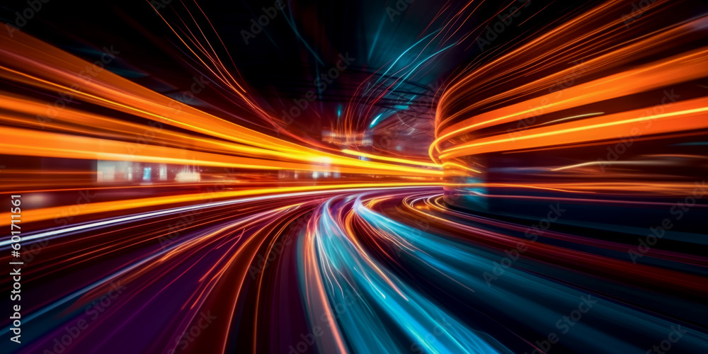 Wall mural abstract long exposure dynamic speed light trails background. Generative ai