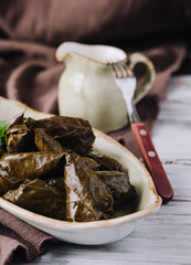 Dolma cabbage rolls grape leaves with filling and white sauce