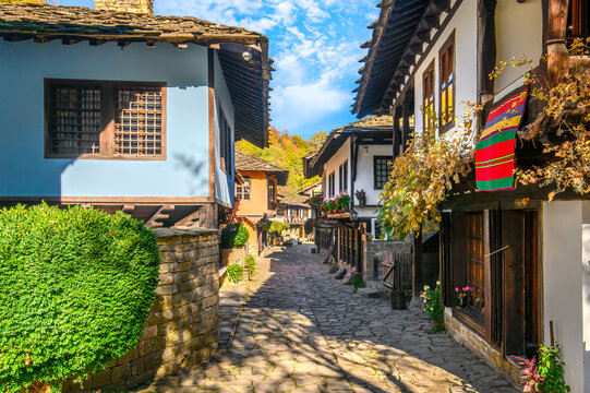 Etar, Bulgaria - 21.10.2022: Old traditional Bulgarian house in Architectural Ethnographic Complex Etar (Etara) near town of Gabrovo. Open Air Museum at summer time. History tourism
