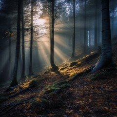 A beautiful image of the forest in the morning haze in the rays of the rising sun Generative AI