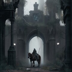 The silhouette of a horseman against the background of gloomy ruins with Gothic architecture Generative AI