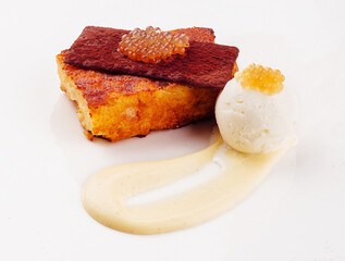 molecular cuisine. Ice cream, applesauce caviar and casserole