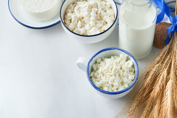 Shavuot jewish holiday celebration. Kosher fresh dairy products milk and cheese, ripe wheat, cream on white wooden background. Dairy products over white wooden background. Shavuot concept. Top view.