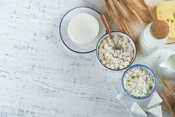 Shavuot jewish holiday celebration. Kosher fresh dairy products milk and cheese, ripe wheat, cream on white wooden background. Dairy products over white wooden background. Shavuot concept. Top view.