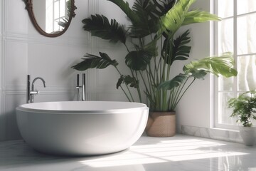 leaf clean green interior bathroom tropical home white sink design spa. Generative AI. - obrazy, fototapety, plakaty