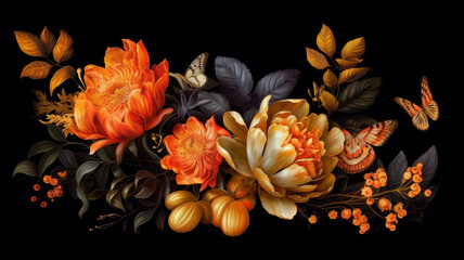 Obraz na płótnie Canvas Flowers with butterflies on a black background. AI generated.