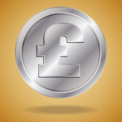 Modern concept with a british coin. Silver british pound with shadow on golden background.