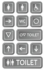 The grey signs set to the toilet. Various symbols with silhouettes of the toilet. 