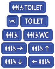 The blue signs set to the toilet. Various symbols with silhouettes of the toilet. 