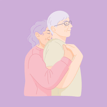 Happy senior love couple standing together. Vector portrait.