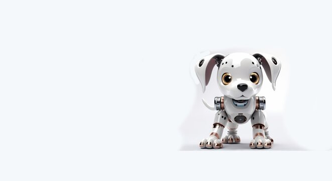 Modern, white robot dog on a white background. Banner. AI generated.