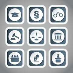 Set of icons related to the court, crime and the law. Nine different icons in vector illustration.