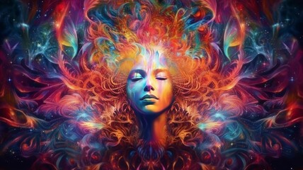 Consciousness of the universe, unity, psychedelic trip. New Age concept. AI generated.