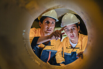 two young engineer assistant in helmet inspection check heavy machine construction installation...