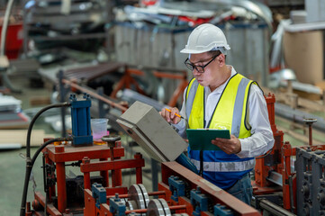 Asian male engineer in uniform inspection warehouse and check control heavy machine construction...
