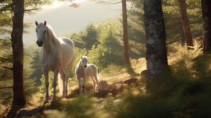 Obraz na płótnie Canvas Mare and Foal in the Forest