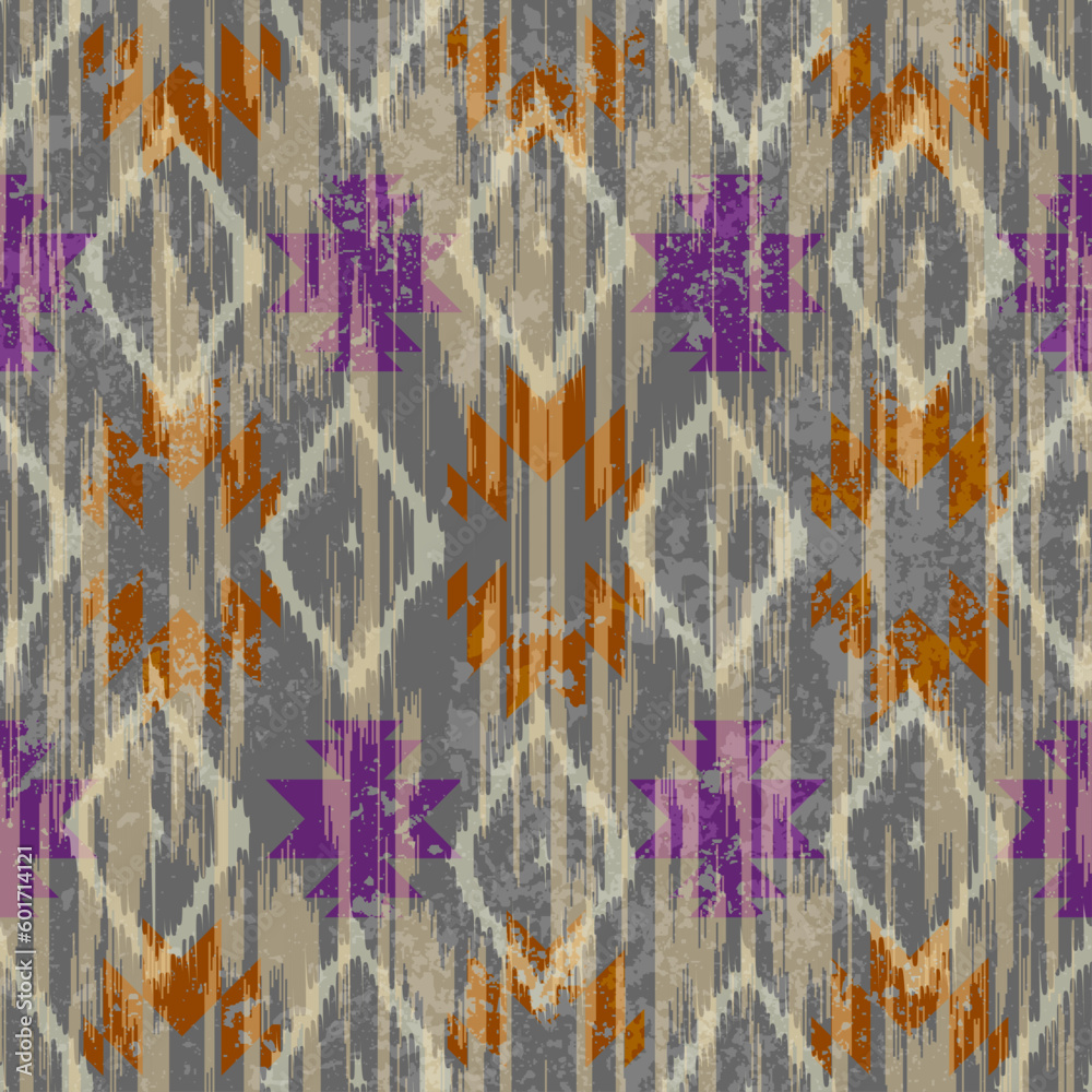 Poster Geometric abstract grunge vintage pattern. Ikat style. Seamless vector image.