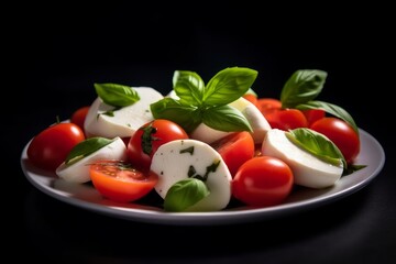 Caprese salad with fresh ripe tomatoes, basil leaves, and mozzarella cheese slices